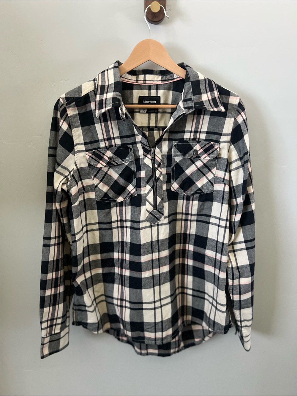 Marmot Women's Black, Cream, and Pink Plaid Half Zip Shirt